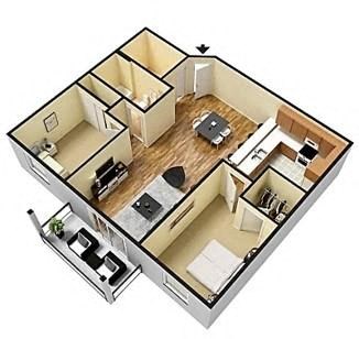 Floor plan for 2 beds, 1 bath, 898 sqft